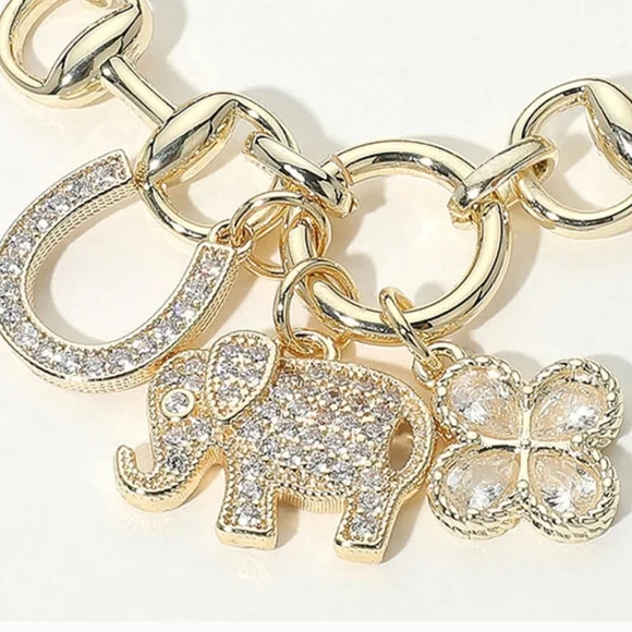Gold Dipped Charm Bracelet CZ Elephant Clover Horseshoe Adjustable 7.25" - Picture 2 of 5